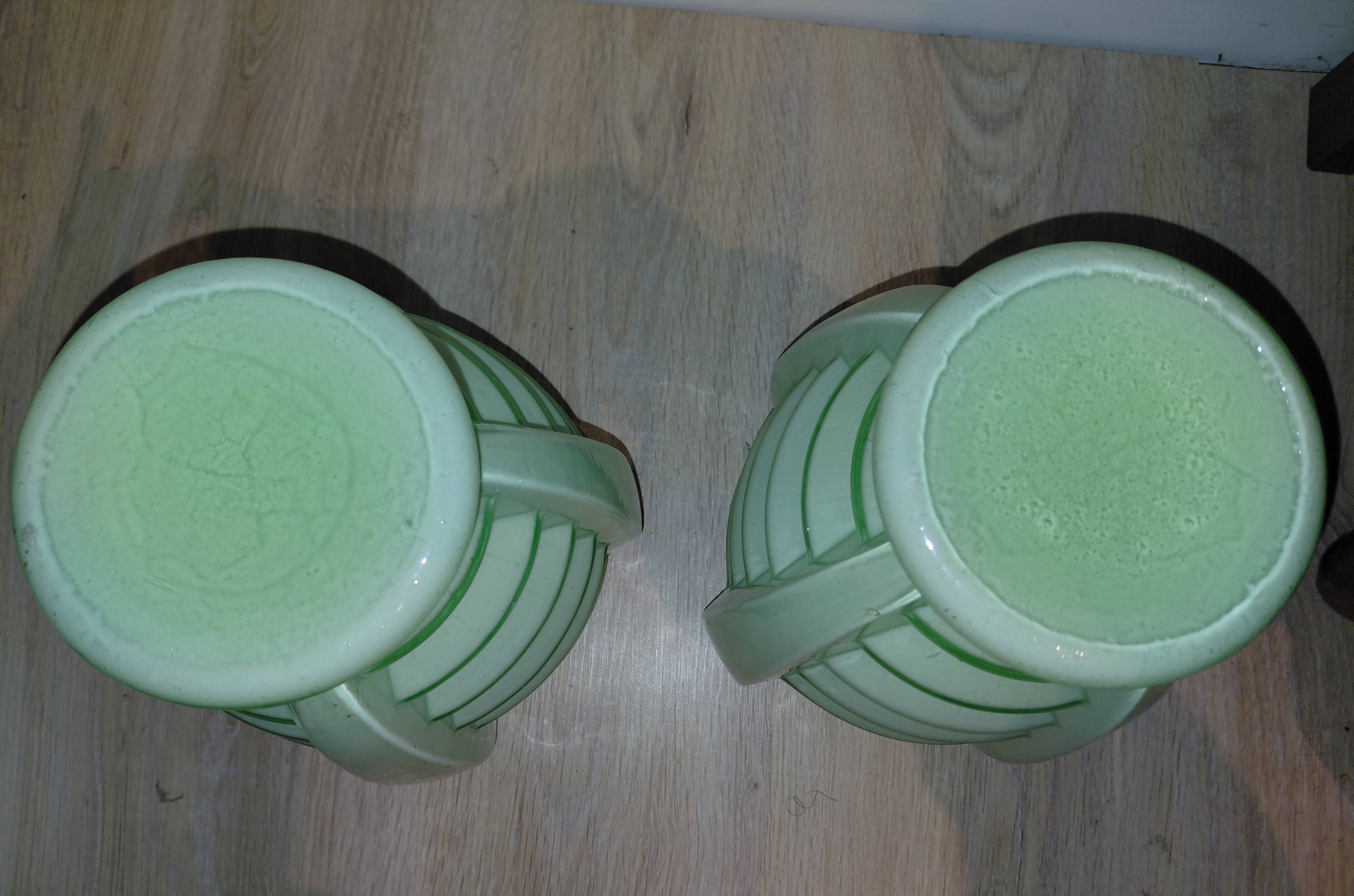 Set of two Art Deco uranium opaline skyscraper vases.