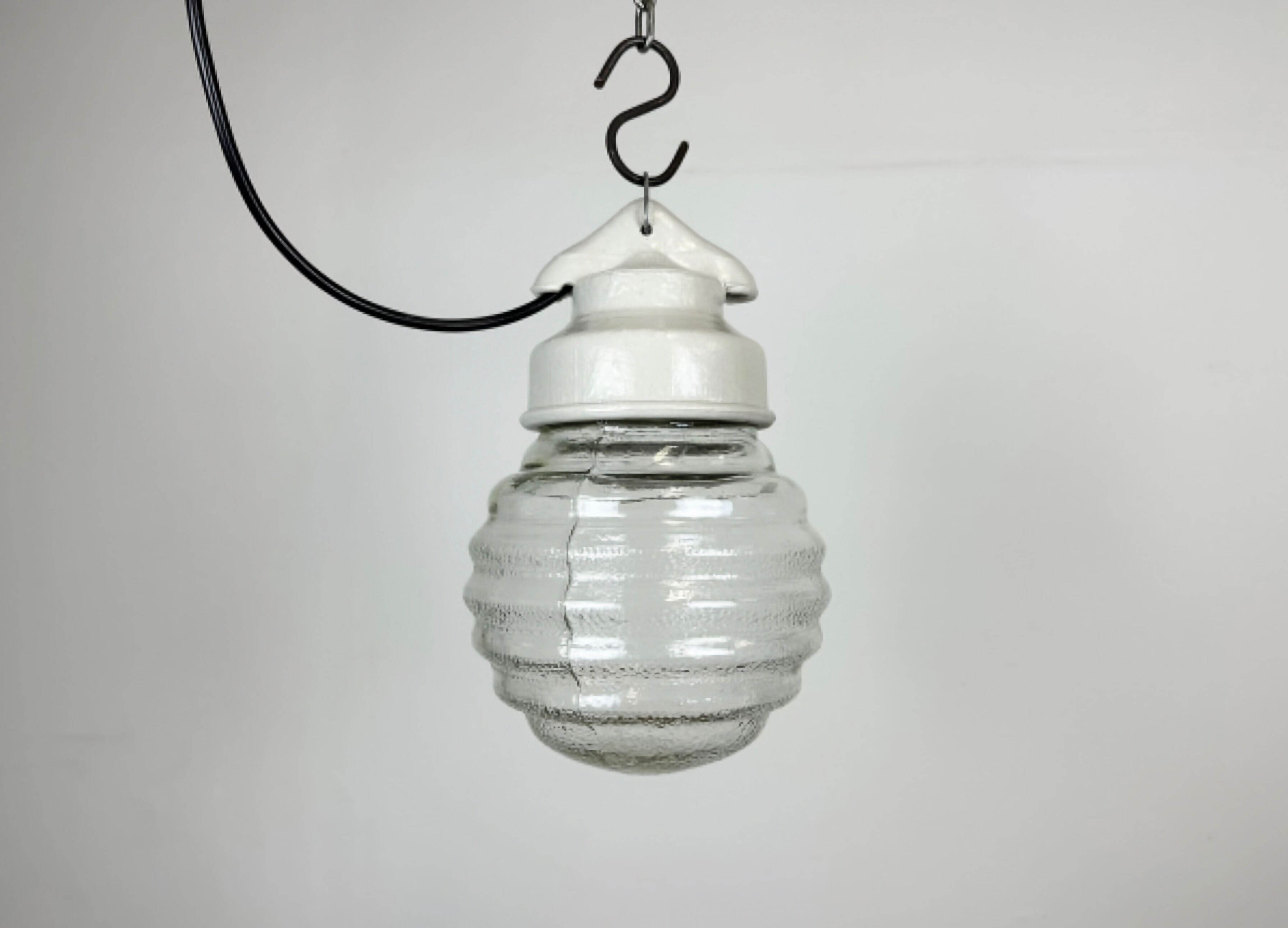 Industrial white porcelain pendant light with ribbed glass, 1970s