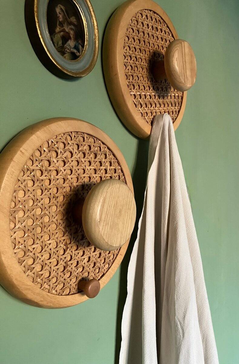 Coat Wall Hooks in Wood and Woven Cane, 1960s, Set of 2