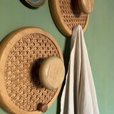 Coat Wall Hooks in Wood and Woven Cane, 1960s, Set of 2