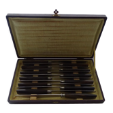 12 vintage dessert knives Pradel horn sleeves in case