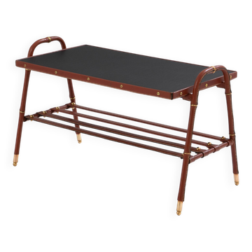 Jacques Adnet coffee table in red saddle-stitched leather and brass, 1950s