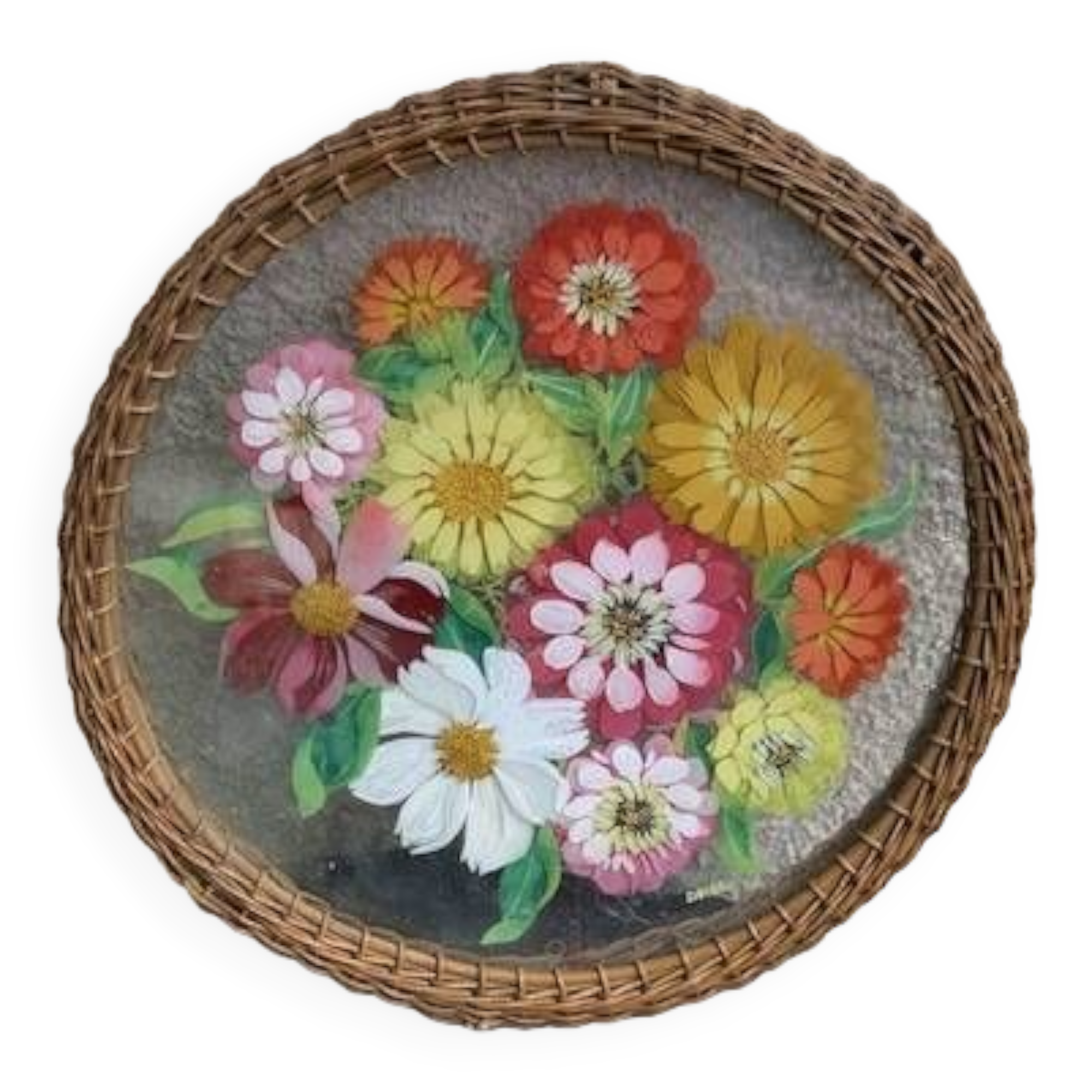 Plateau en verre peint à la main, motif floral et tour en rotin tressé, signé Delbel, vintage