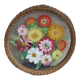 Plateau en verre peint à la main, motif floral et tour en rotin tressé, signé Delbel, vintage