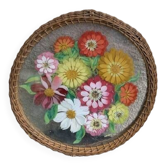 Hand-painted glass tray, floral motif and woven rattan lathe, signed Delbel, vintage