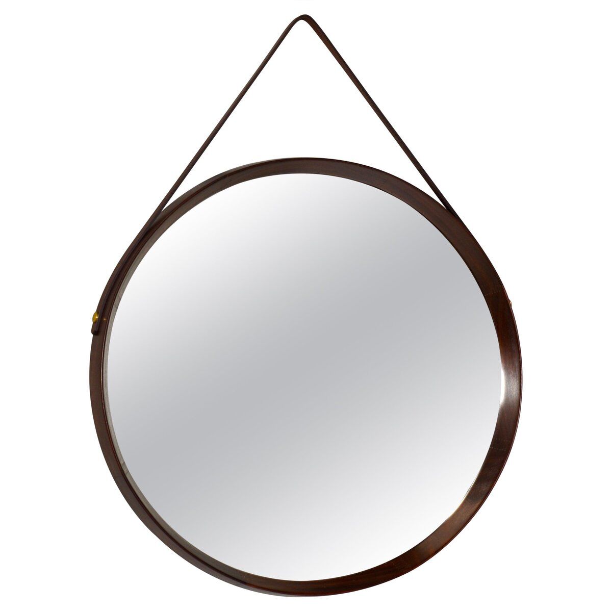 Italian round wall mirror in solid teak leather and brass 1950 68x53cm