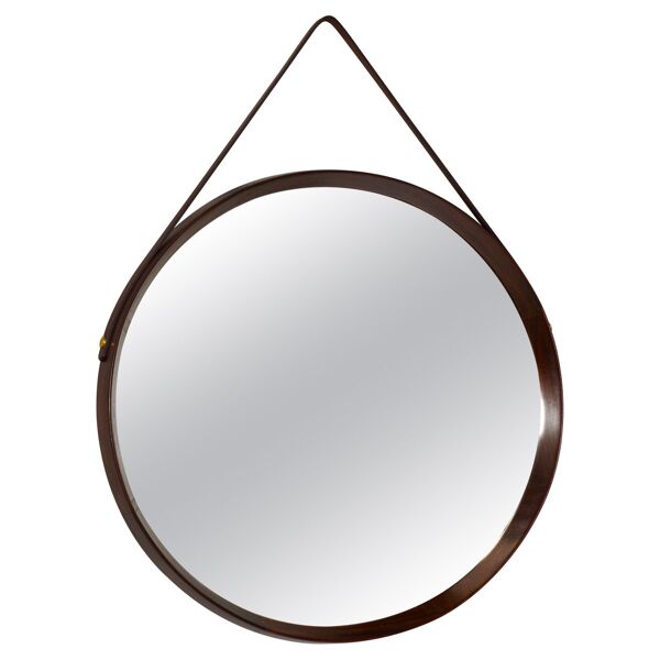 Miroir mural rond italien en teck massif cuir et laiton 1950 68x53cm