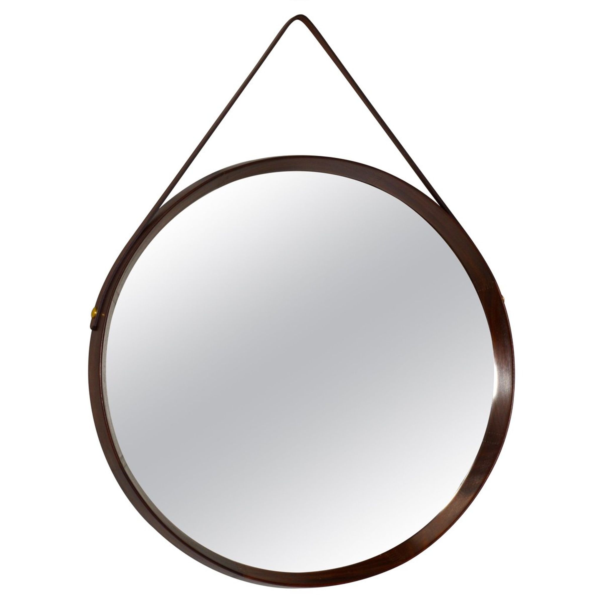 Italian round wall mirror in solid teak leather and brass 1950 68x53cm