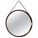 Miroir mural rond italien en teck massif cuir et laiton 1950 68x53cm