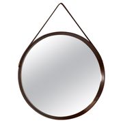 Italian round wall mirror in solid teak leather and brass 1950 68x53cm