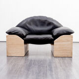 Vintage armchair, leather and travertine