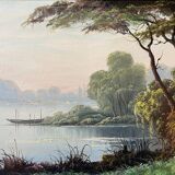 Painting "Landscape with wooded pond" HST signed Fleury + frame