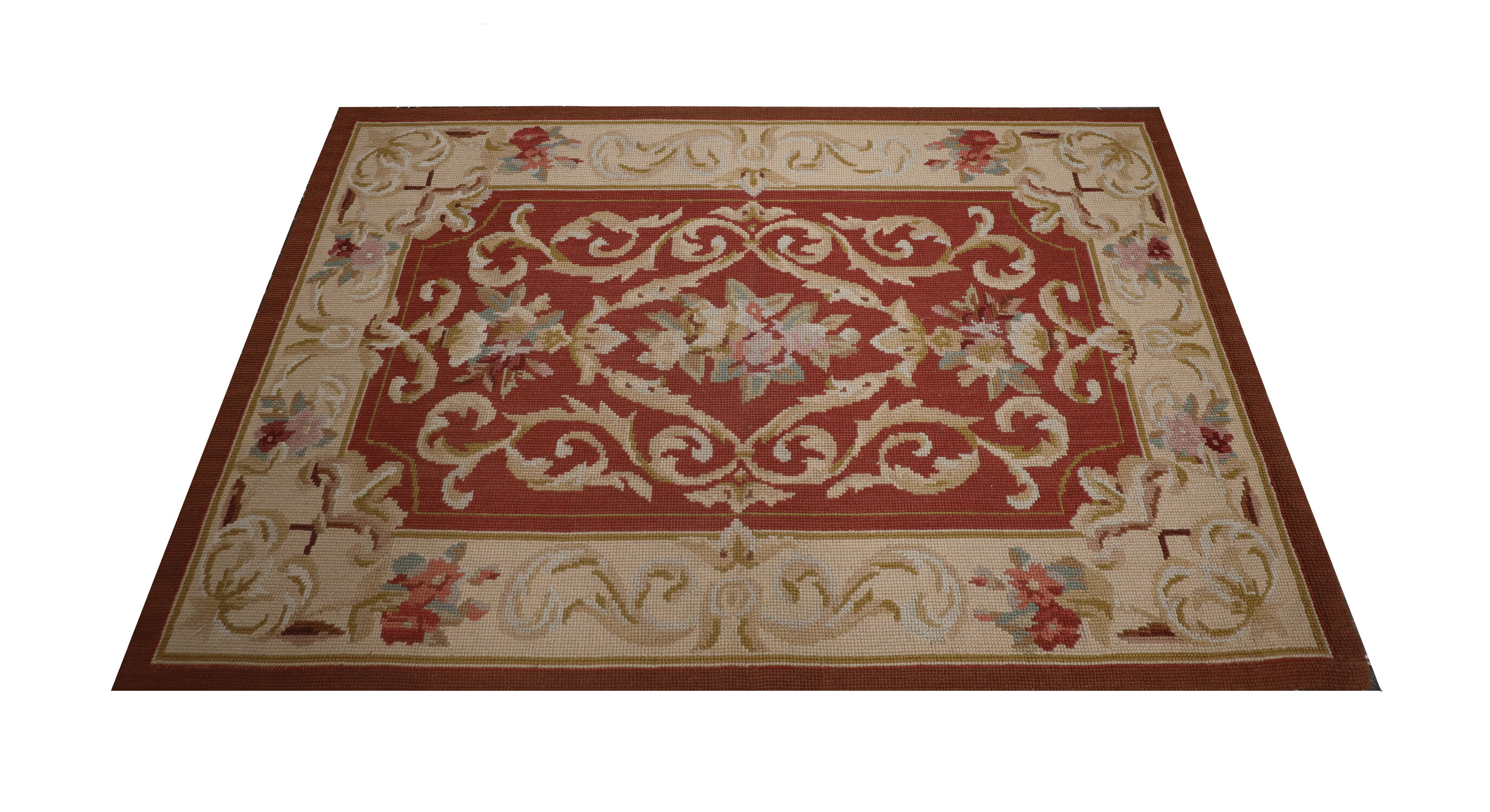 Small Handwoven Red Beige Needlepoint Rug- 61x91cm
