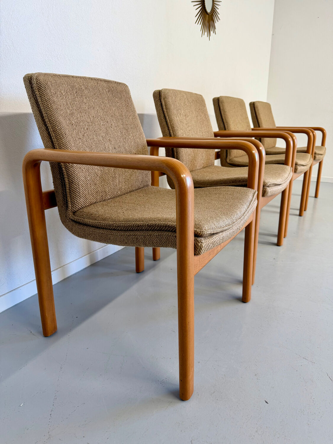 4 armchairs with armrests in beech and fabric, 1970s vintage design.