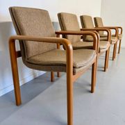 4 armchairs with armrests in beech and fabric, 1970s vintage design.