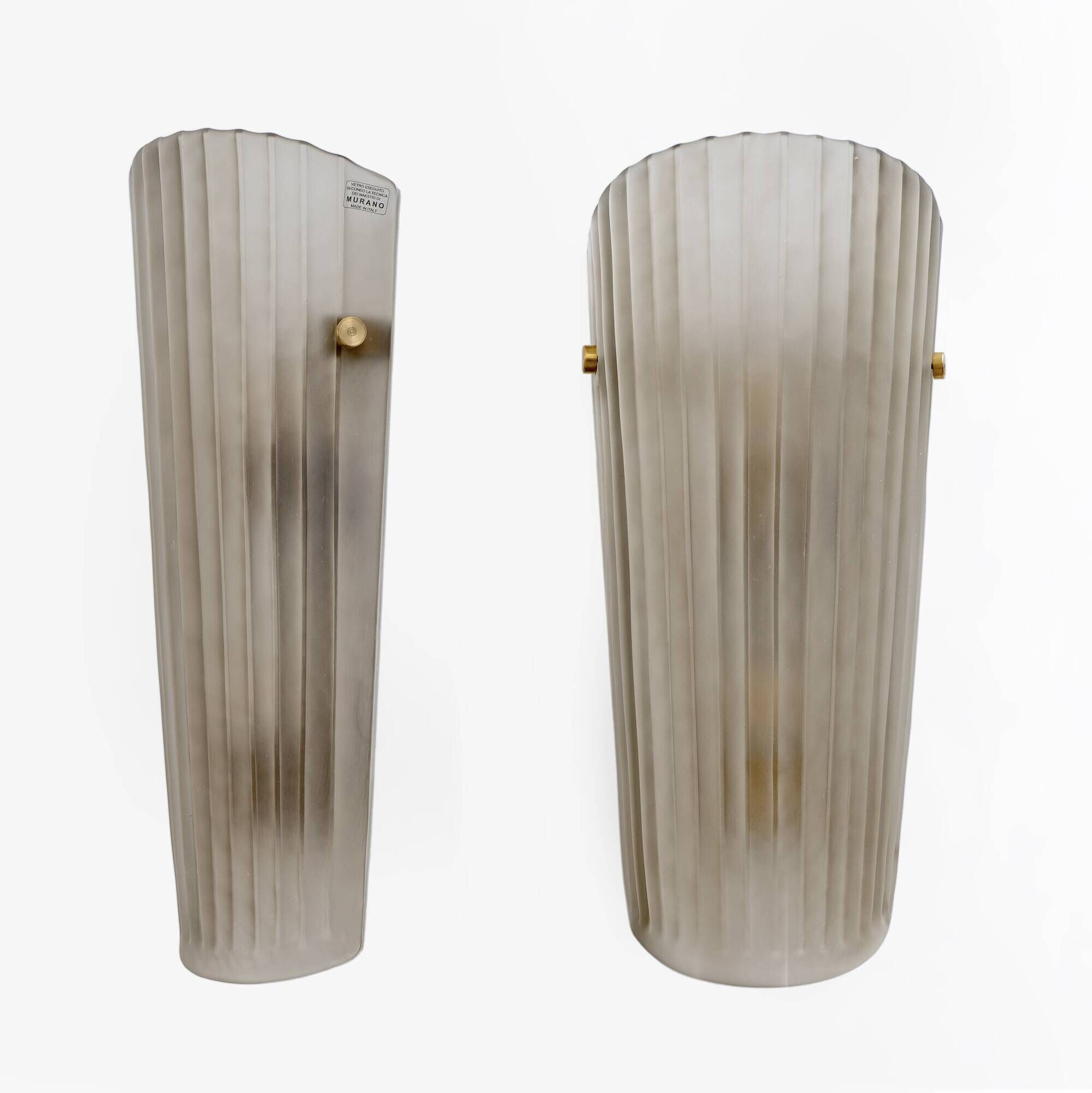 Pair of Murano Glass Wall Sconces Satin Smoke Glass and Brass, Italy