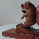 Paire de serre-livres vintage en bois sculpté à la main, décor ours