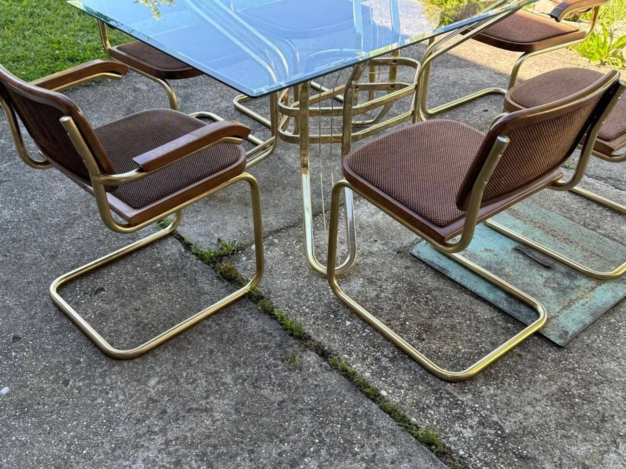Italian brass dining set with table and chairs, 1970s, set of 7