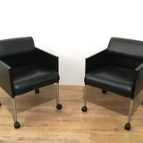 Set of 4 armchairs in leather and black lacquered metal. Rosenthal