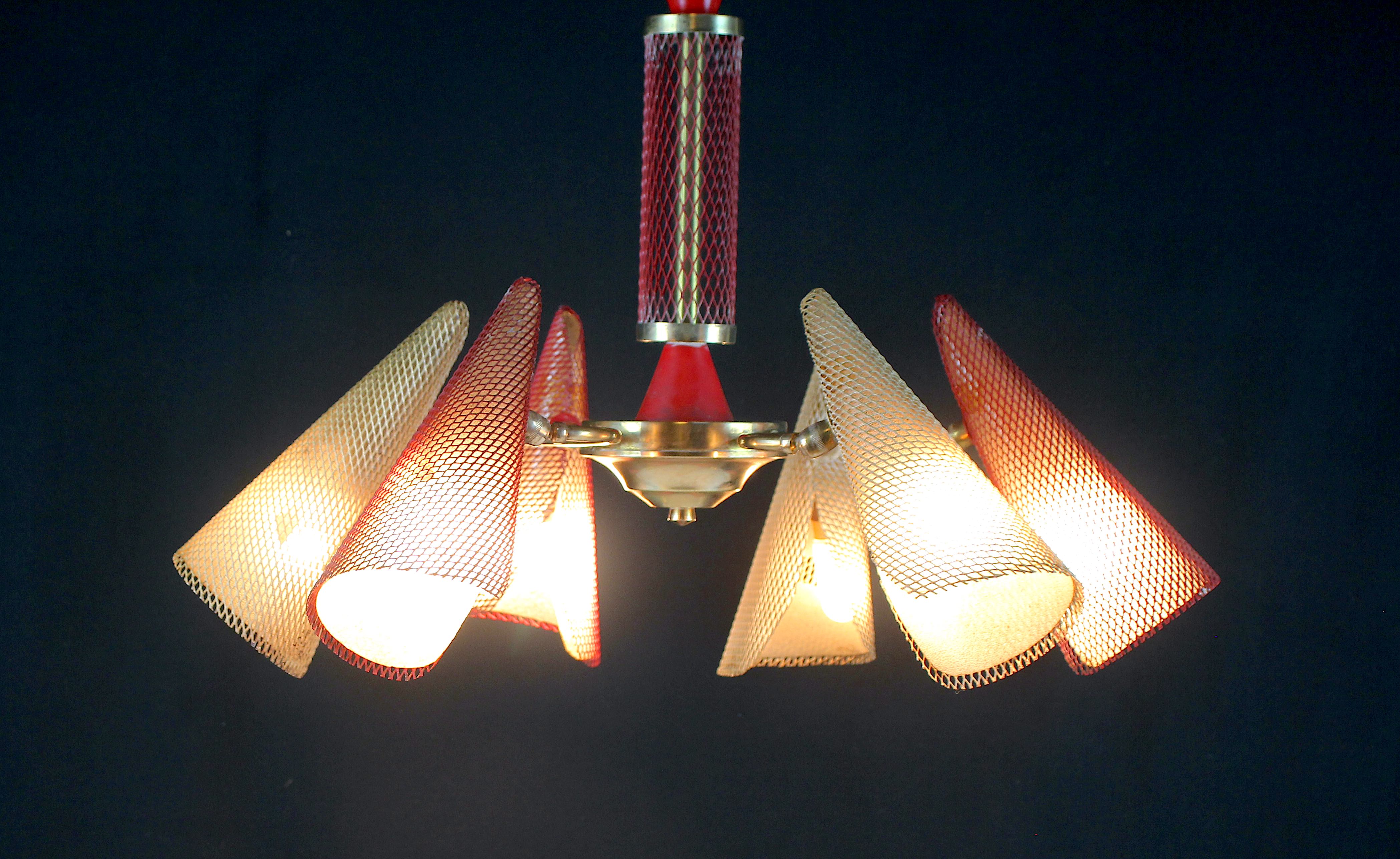 Bi-color chandelier, perforated metal, France Mid-Century