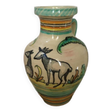 Ceramic pitcher signed Del Mazo representing doe and deer in the vegetation