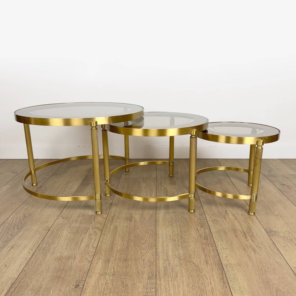 Tables gigognes rondes bronze doré verre fumé vintages