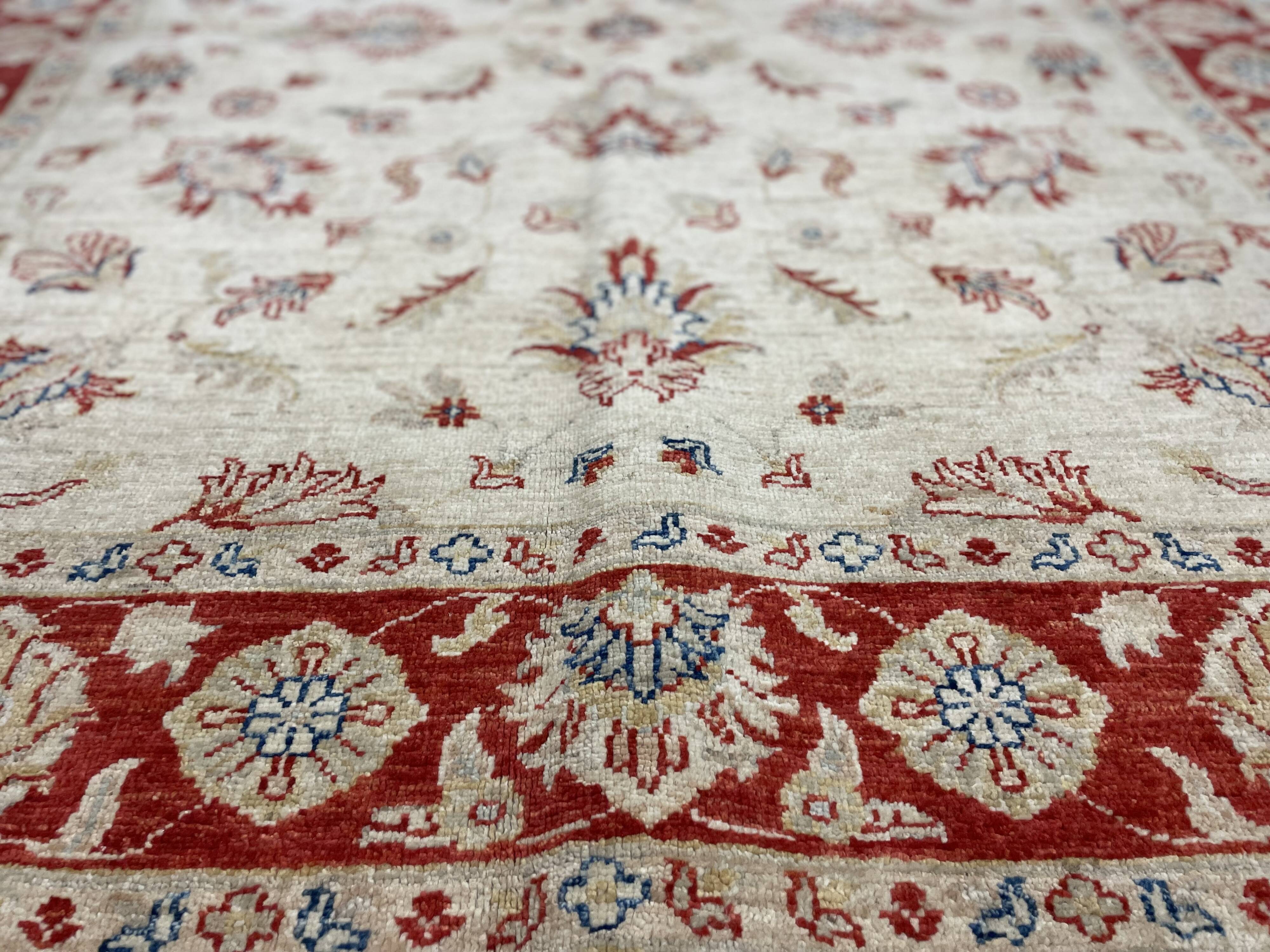 Cream Red Bordered Ziegler Rug, Hand-Knotted Wool Floral Oriental Carpet