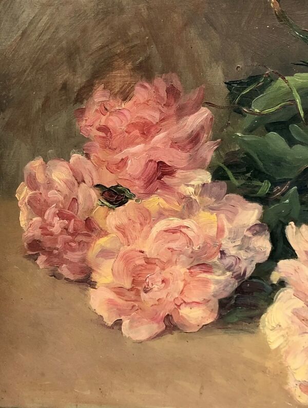 François Félix Roubaud Nature morte huile sur panneau de bois bouquet roses pivoines XIX