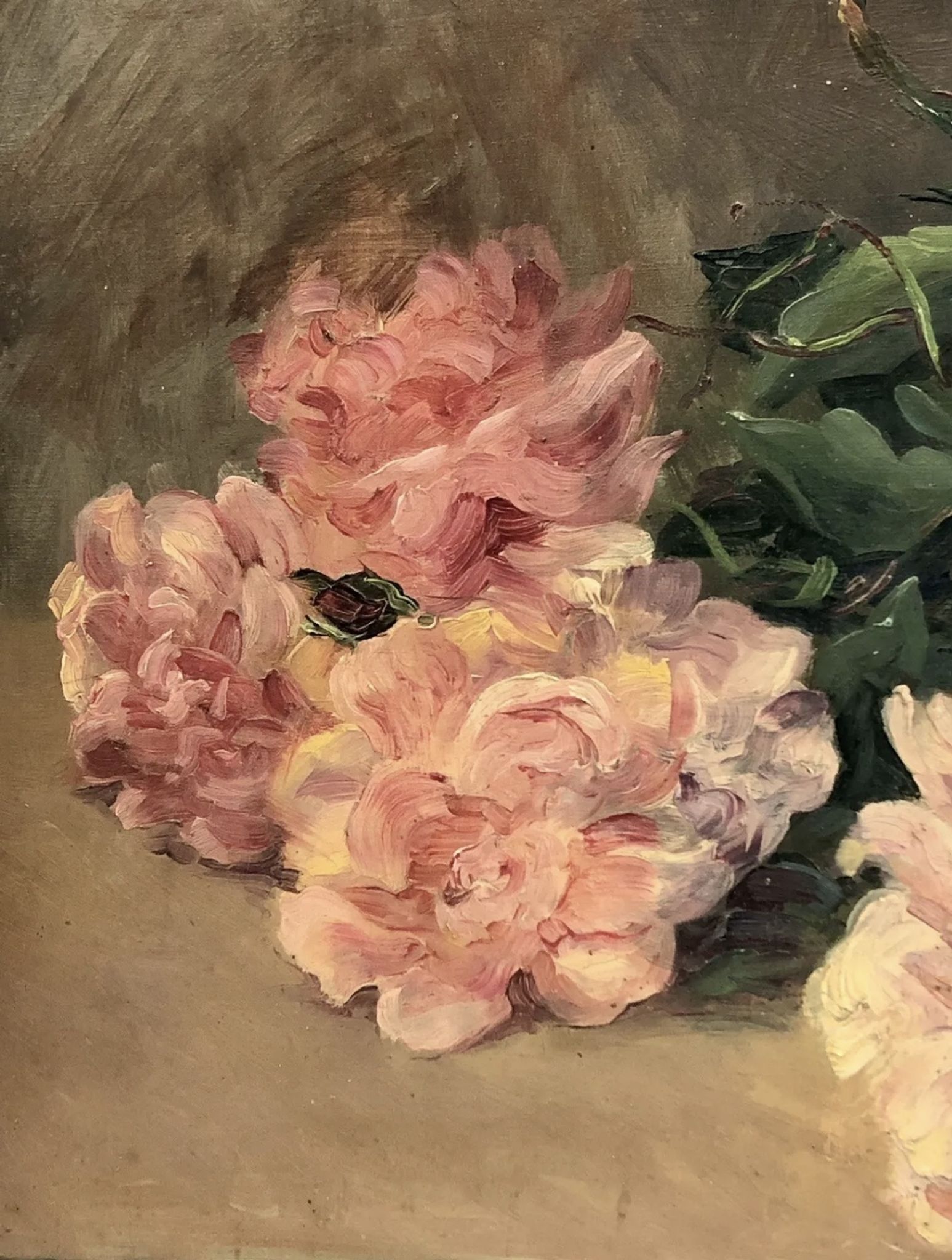 François Félix Roubaud Still life oil on wooden panel bouquet roses peonies XIX
