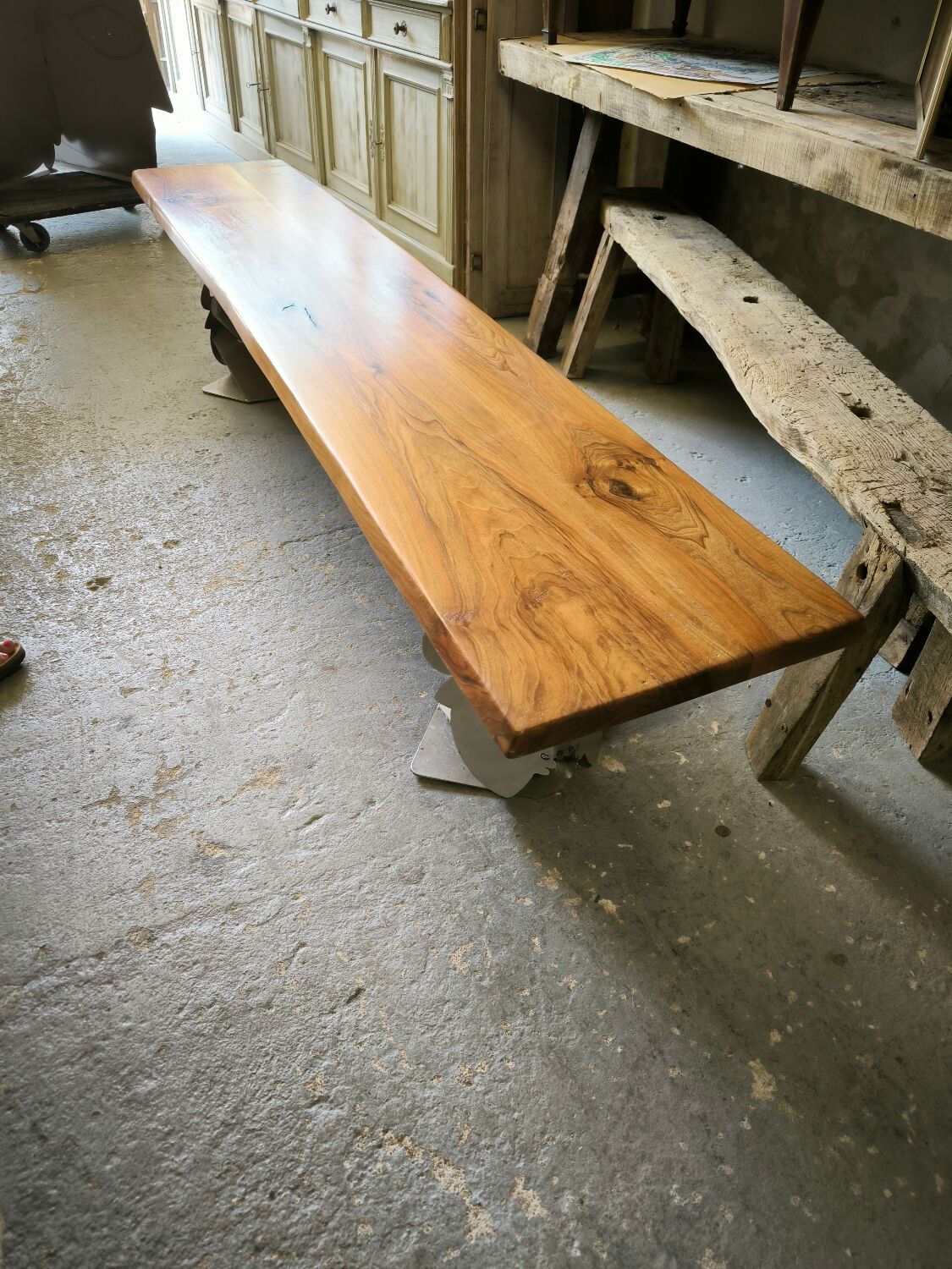 Walnut and stainless steel bench, 1980