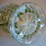 Thick, molded glass ear vase, art deco period and style, stylized leaves and grapes