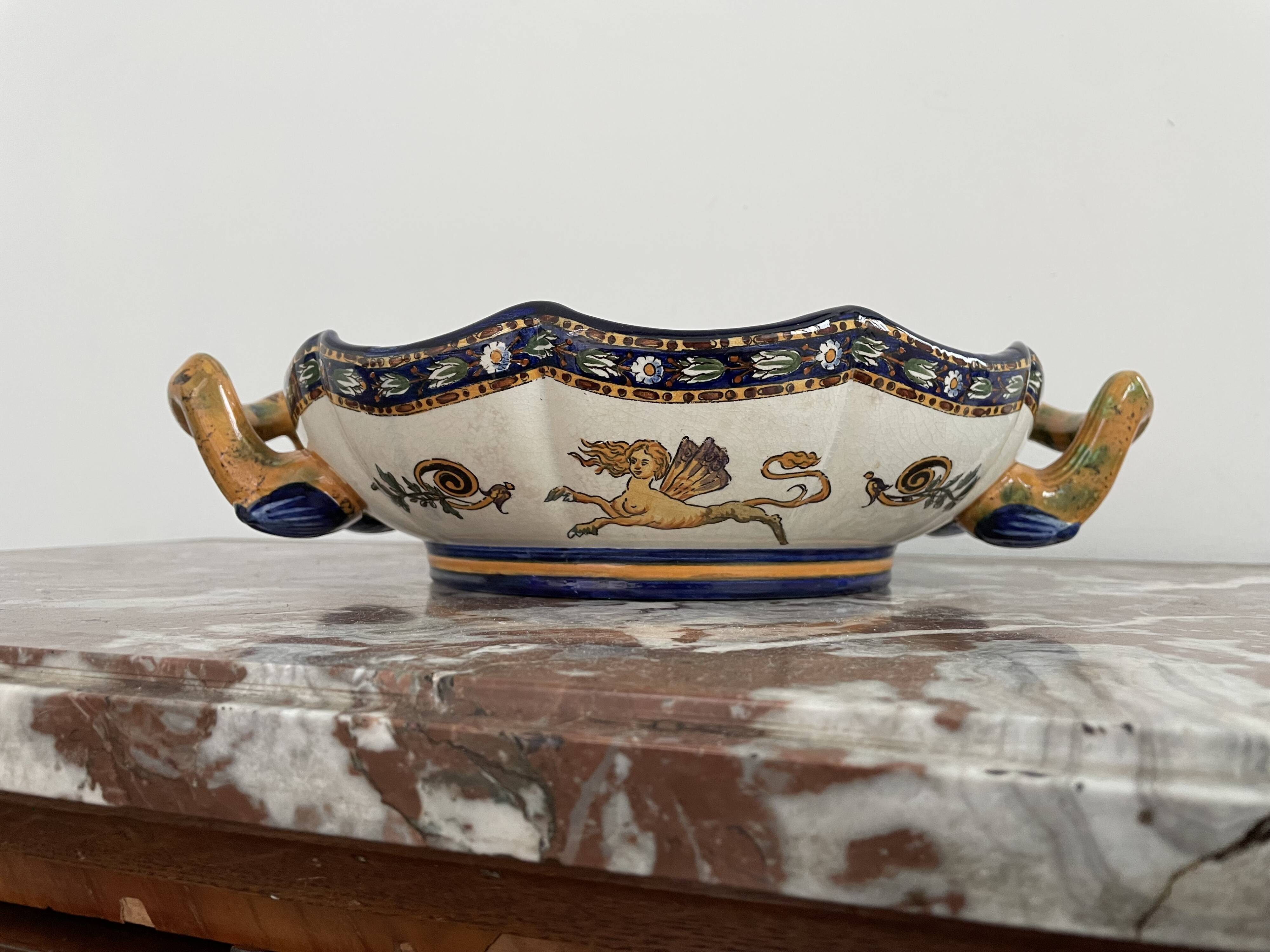 Antique, flat, bowler cup, centerpiece, Gien earthenware, nineteenth century, Renaissance décor