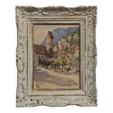 Watercolor on paper 1920 mountain village whitewashed frame