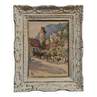Watercolor on paper 1920 mountain village whitewashed frame