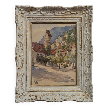 Watercolor on paper 1920 mountain village whitewashed frame