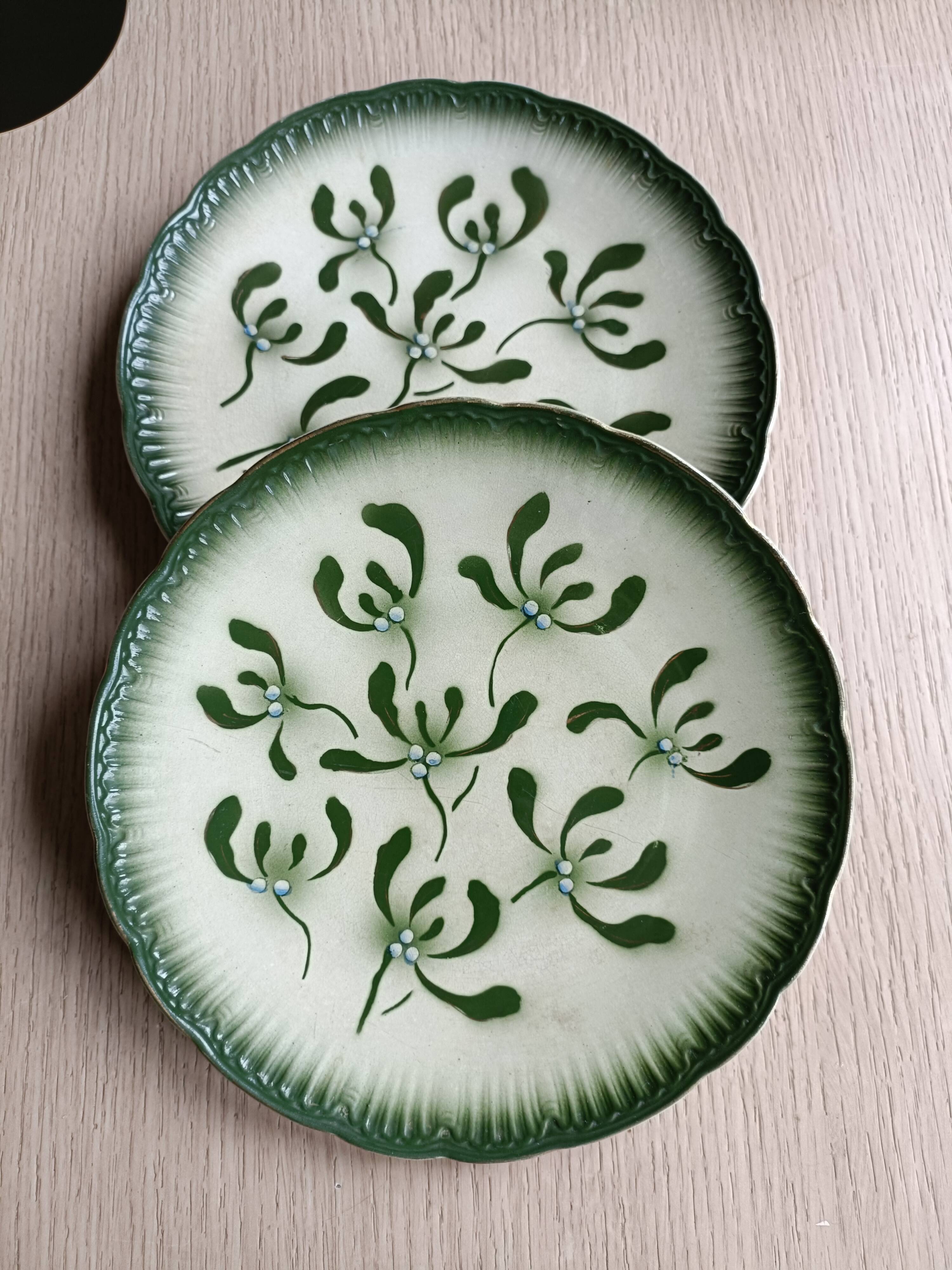 Rare Badonviller plates late 19th mistletoe decor