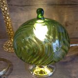 Lampe de table métal doré, verrerie/toupie verte soufflé