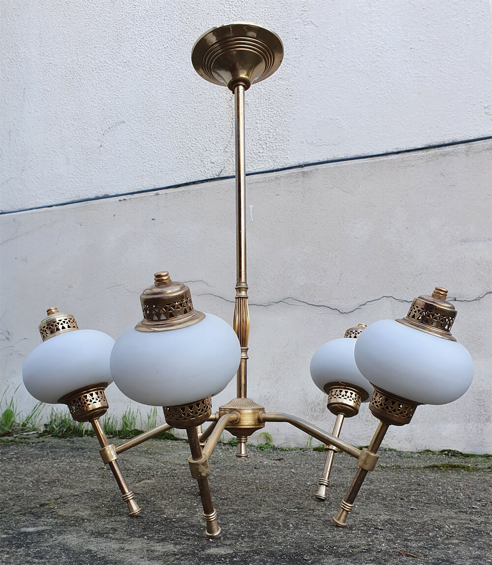 Brass opaline chandelier 1950