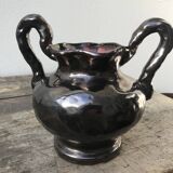 Black Ceramic Vase, pink inside color, signed