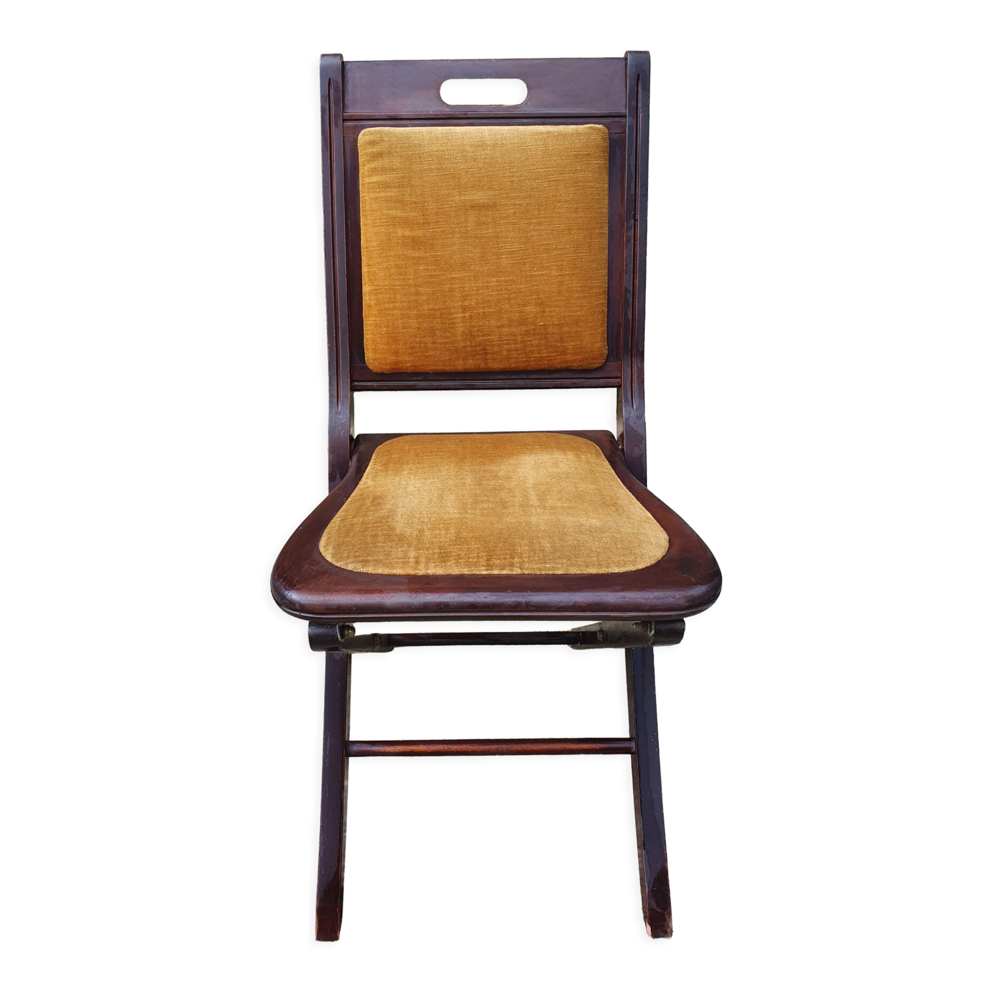 Folding chair, wood and vintage yellow ochre velvet