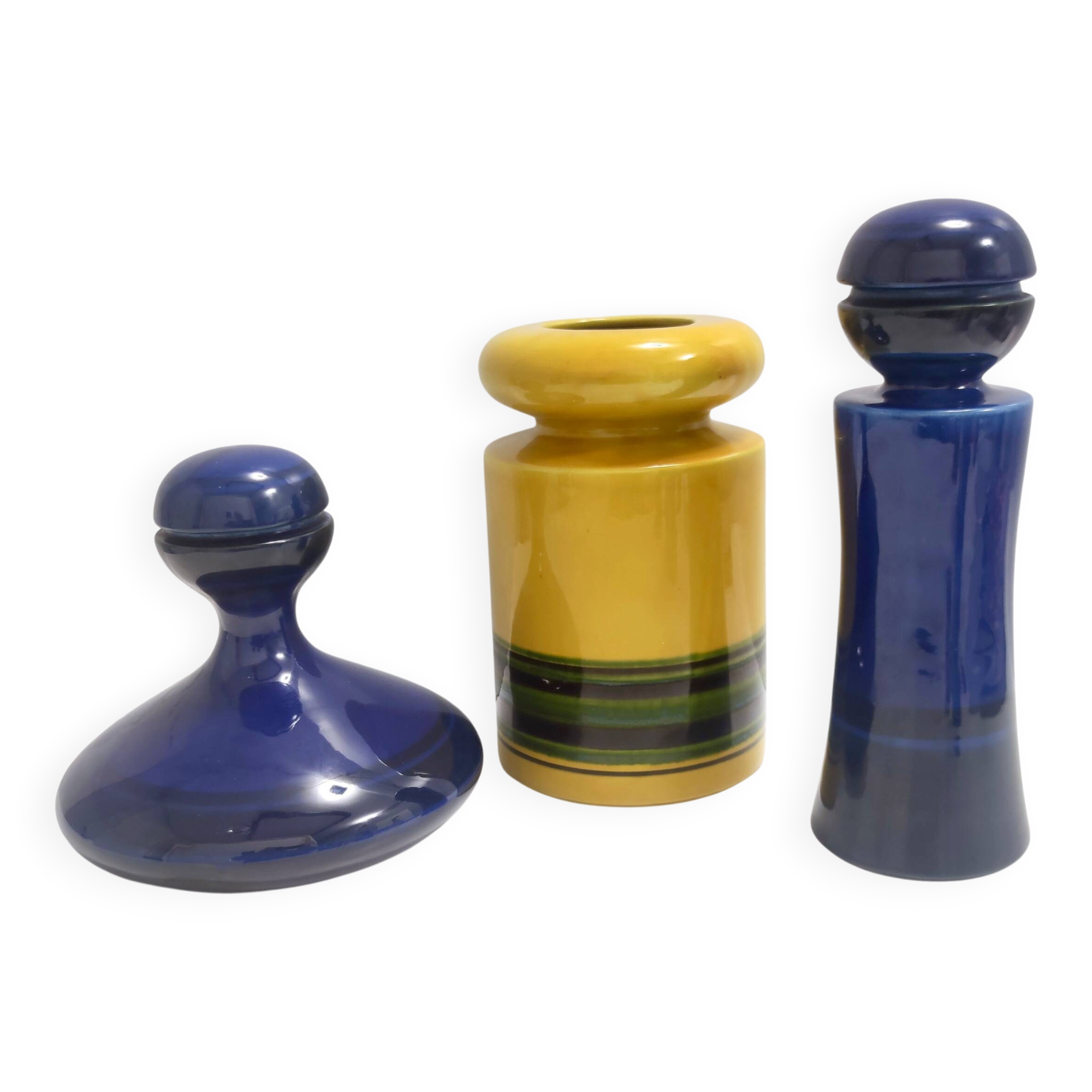 Set of Three Postmodern Blue and Yellow Glazed Vase and Bottles by Parravic