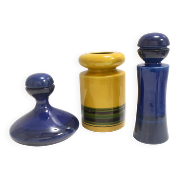 Set of Three Postmodern Blue and Yellow Glazed Vase and Bottles by Parravic
