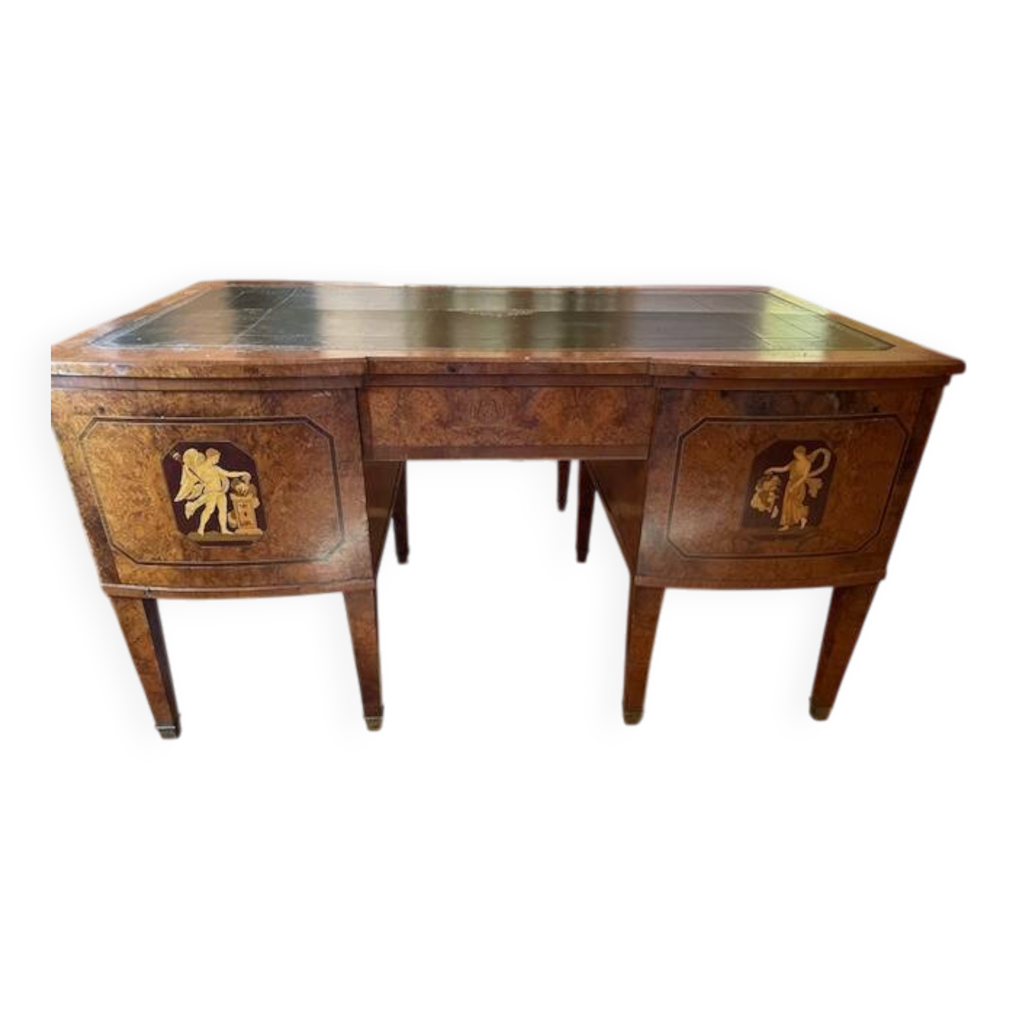 Antique Empire-style desk in burr veneer, green leather, with a dash.