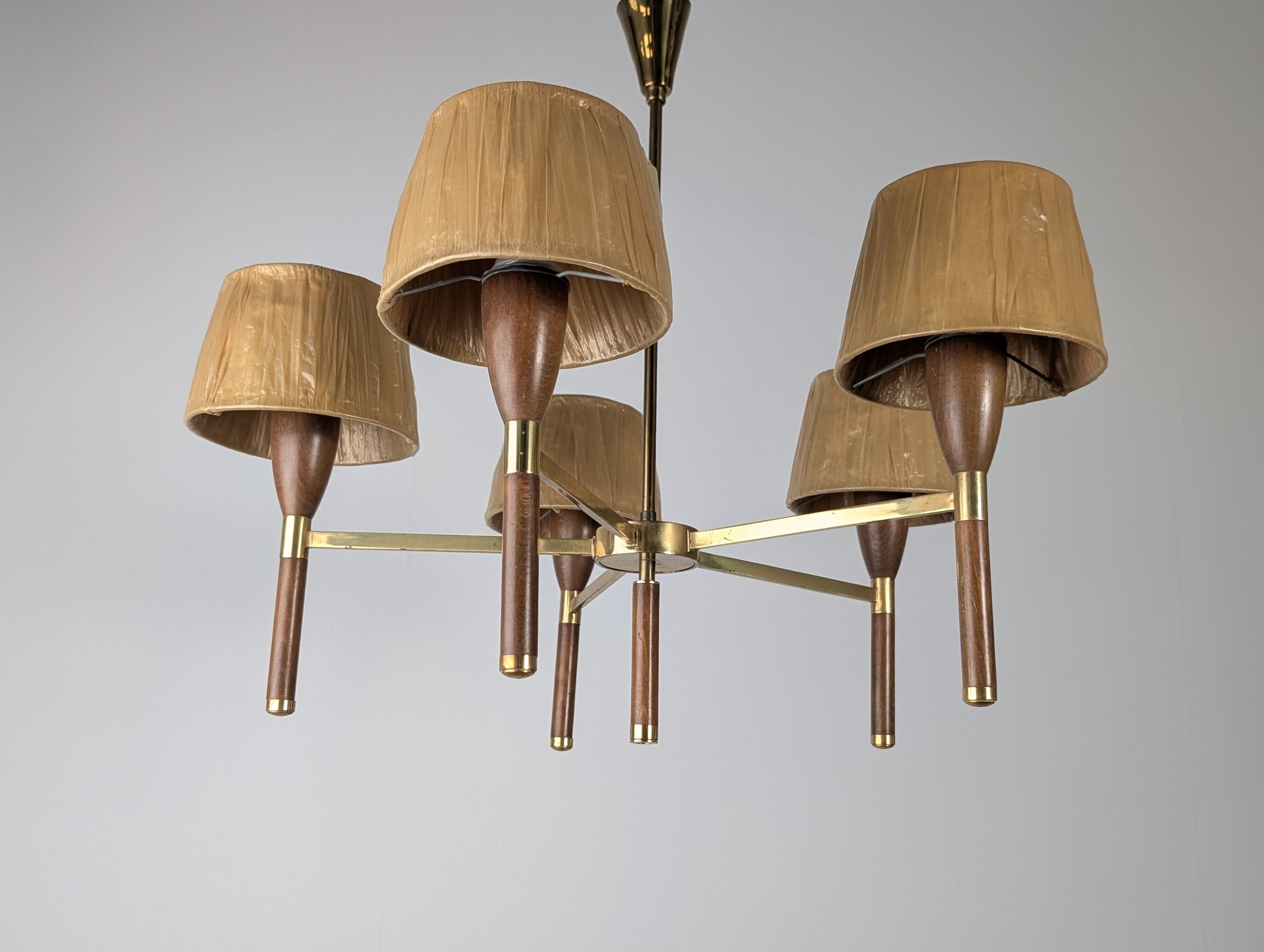 Danish five-arm lamp in wood and brass, 1950s