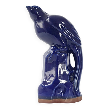 Oiseau sur perchoir vintage céramique bleue années 60