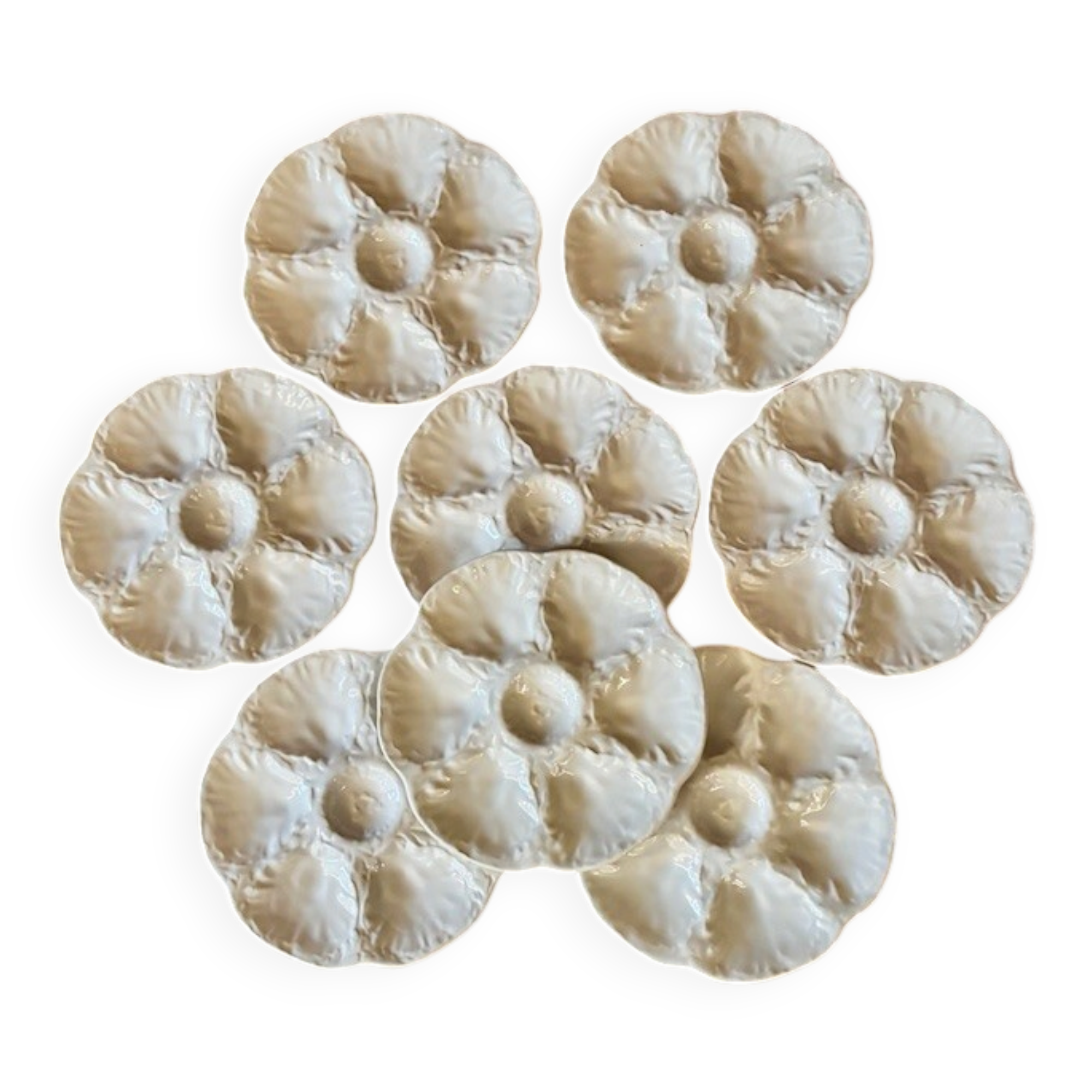Set de 8 assiettes à huitres céramique barbotine  Gien blanches