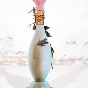 Art nouveau table lamp with bronze fly and hop leaves