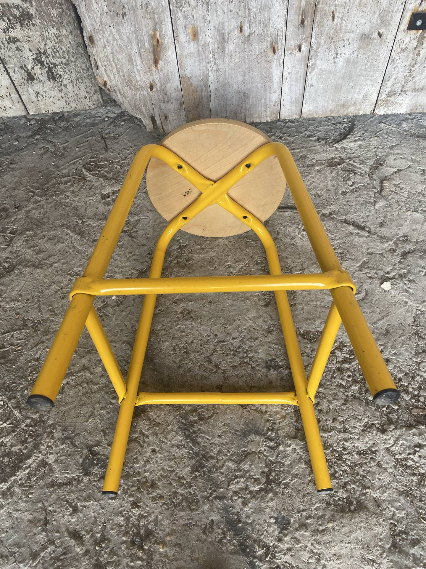 Vintage Industrial Stool DPC Yellow Metal Tube + Wooden Seat