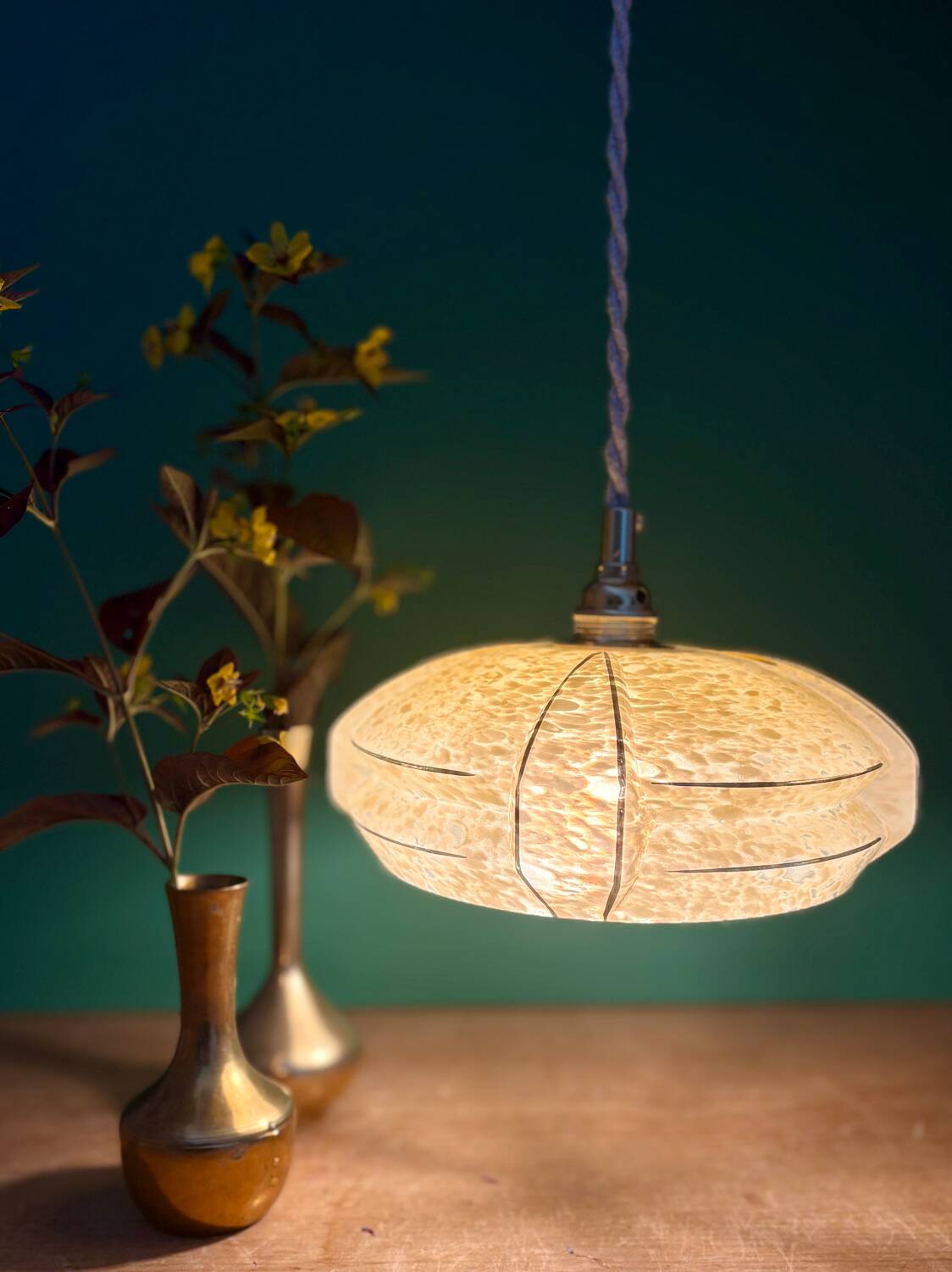 Vintage art deco pendant light with a yellow and white Clichy glass lampshade