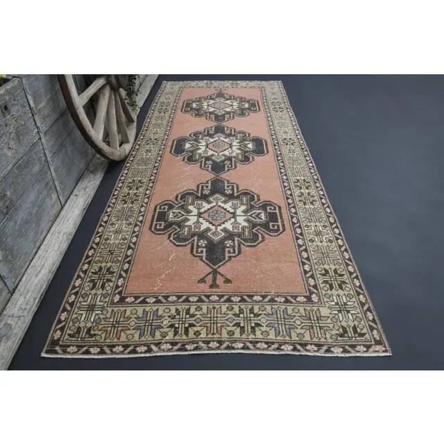 Vintage Turkish Oushak handmade wool cotton brown runner rug 143x347